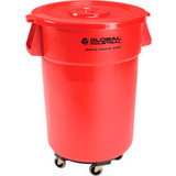 Global Industrial Plastic Trash Can with Lid & Dolly - 44 Gallon Red
