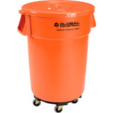 Global Industrial Plastic Trash Can with Lid & Dolly - 44 Gallon Bright Orange