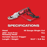 Milwaukee Tool Cordless Shear 18.0V,4.0 lb. 2637-20