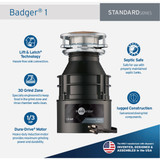 Insinkerator 1/3 HP Badger 1 Garbage Disposer with Power Cord, 1 Year Warranty