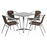 Flash Furniture Alum Table Set,Sqr w/4 Brn Chairs,27.5" TLH-ALUM-28SQ-020CHR4-GG