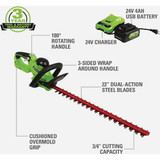 Greenworks 24V 22 In. Cordless Hedge Trimmer w/4.0 Ah USB Battery & Charger
