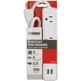 Prime Wire & Cable 3-Outlet/2-USB-A 300J White Surge Strip with 2.5 Ft. Cord