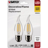 Satco 60W Equivalent Warm White Clear CA10 Medium LED Decorative Light Bulb (2-Pack)