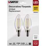 Satco 25W Equivalent Warm White B11 Candelabra Traditional LED Decorative Light Bulb (2-Pack)