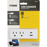 Prime Wire & Cable White 15A 2-Outlet Wall Tap with 1 USB-A & 1 USB-C