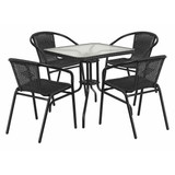Flash Furniture Black Table Set w/4 Rattan,Square,28" TLH-073SQ-037BK4-GG