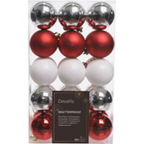Decoris 2.4 In. Shatterproof Red/White/Silver Bauble Christmas Ornament (30-Pack)