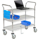 Nexel 3 Shelf Utility Cart Chrome 42""W x 18""D x 39""H Poly Casters4 Swivel 2 B