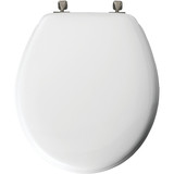 Mayfair Round Closed Front White Wood Toilet Seat with Brushed Nickel Hinges