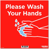 Global Industrial 12"" Square Please Wash Your Hands Wall Sign Red Adhesive