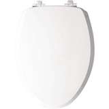 Mayfair Benton Elongated White Enameled Wood Toilet Seat with Slow Close Chrome Metal Hinge