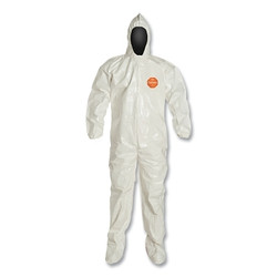 Tychem 4000 Coverall, Attached Hood and Sock, Elastic Wrists, Zipper, Storm Flap, White, 3X-Large