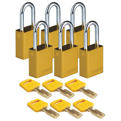 Brady Lockout Padlock,Al,Ylw,Key Different,PK6 ALU-YLW-38ST-KD6PK
