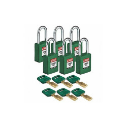 Brady Lockout Padlock,Nylon,Grn,6 Keys,PK6 NYL-GRN-38ST-KA6PK