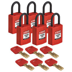 Brady Lockout Padlock,Nylon,1/4" W,Red,PK6 CPT-RED-25PL-KA6PK