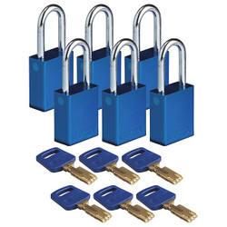 Brady Lockout Padlock,Al,Bl,Key Alike,PK6 ALU-BLU-38ST-KA6PK