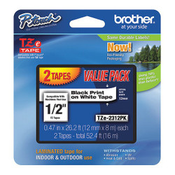 Brother Black On Wht Label Tape,0.47"X26.2ft,PK2 TZE2312PKG