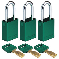 Brady Lockout Padlock,Al,Open Shackel,PK3 ALU-GRN-38ST-KA3PK