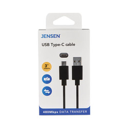 JENSEN® USB-A to USB-C Cable, 3 ft, Black JU832AC3V