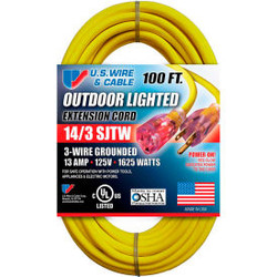 U.S. Wire 73100 100 Ft. Three Conductor Yellow Temp-Flex Lighted Plug Cord 14/3