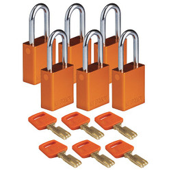 Brady Lockout Padlock,Al,Org,Key Different,PK6 ALU-ORG-38ST-KD6PK