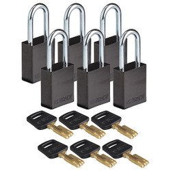 Brady Lockout Padlock,Al,Blk,Key Different,PK6 ALU-BLK-38ST-KD6PK