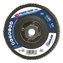 Tiger Paw Super High Density Flap Disc, 4-1/2 in dia, 60 Grit, 5/8 in-11 Arbor, 12000 RPM, Type 27 Flat