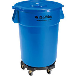 Global Industrial Plastic Trash Can with Lid & Dolly - 44 Gallon Blue