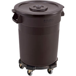 Global Industrial Plastic Trash Can with Lid & Dolly 20 Gallon Brown