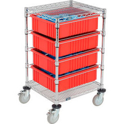 Global Industrial Chrome Wire Cart With (4) 6""H Red Grid Containers 21x24x40