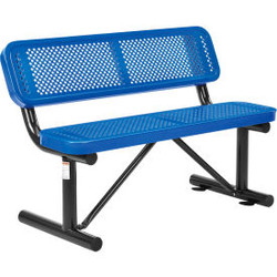 Global Industrial 4' Outdoor Steel Bench w/ Backrest Perforated Metal Blue