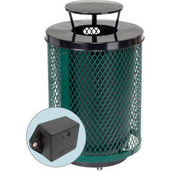 Global Industrial TrashTalk Thermoplastic Mesh Trash Can w/Rain Lid 36 Gal. Gree