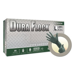 Dura Flock® DFK-608 Disposable Nitrile Gloves, 8.3 in Palm, 7.9 Fingers, Flocked Liner, X-Large, Dark Green