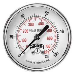 Winters Gauge,Pressure,2-1/2in.,0 to 100 psi PEM1439LF