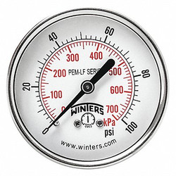 Winters Gauge,Pressure,2-1/2in.,0 to 100 psi PEM1439LF
