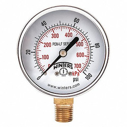 Winters Gauge,Pressure,0 to 100 psi,2-1/2 in. PEM214LF
