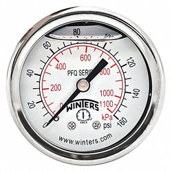 Winters Pressure Gauge,2" Dial Size,Silver PFQ2438-DRY-2FF