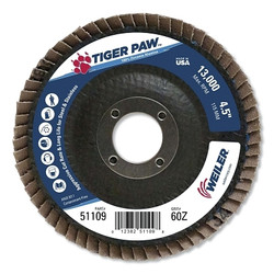 Tiger Paw Coated Abrasive Flap Disc, 4-1/2 in dia, 60 Grit, 7/8 Arbor, 13000 rpm, Type 27