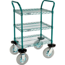 Nexel Utility Cart 3 Shelf Poly-Green 24""L x 18""W x 42""H Pneumatic Rigid Cast