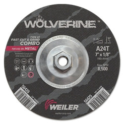 Wolverine Combo Wheels, 7 in Dia, 1/8 in Thick, 5/8 in Arbor, 24 Grit, T