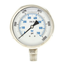 Pic Gauges Pressure Gauge,Stainless Steel,10,000psi PRO-301L-402U-01