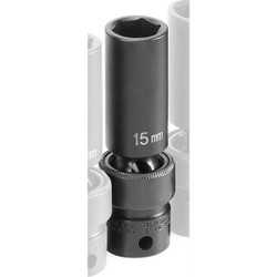 Grey Pneumatic Socket,15mm,3/8"D,Impact,Univ 6pt.,D 1015UMD