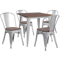 Flash Furniture Square Silver Metal Table Set with Wood CH-WD-TBCH-4-GG