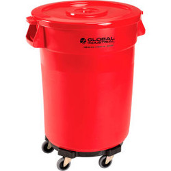 Global Industrial Plastic Trash Can with Lid & Dolly - 32 Gallon Red