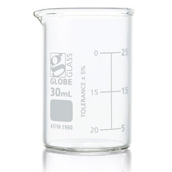 Globe Scientific Beaker,30 mL,53 mm H,33 mm Dia,PK12 8010030