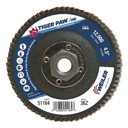 Tiger Paw Super High Density Flap Disc, 4-1/2 in dia, 36 Grit, 5/8 in-11 Arbor, 12000 RPM, Type 27 Flat