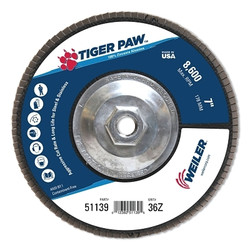 Tiger Paw Coated Abrasive Flap Discs, 7", 36 Grit, 5/8 Arbor, Phenolic Back
