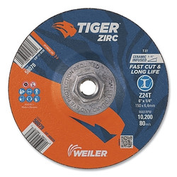 Tiger® Grinding Wheel, 6 in dia x 1/4 in Thick x 5/8 in-11 Arbor, 24 Grit, Zirconia Alumina/Ceramic, Type 27, 10 EA/BX Pack of 10