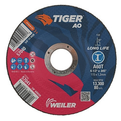 Tiger® AO Cutting Wheel, 4-1/2 in dia x 0.045 in Thick, 7/8 in Arbor, A60T, Type 27 Pack of 25